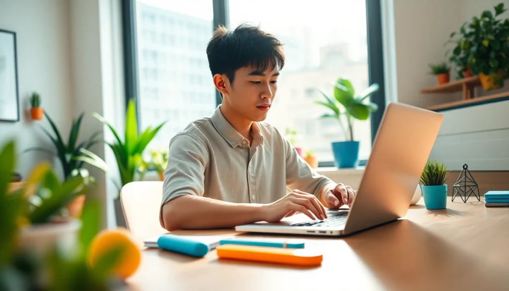 Professional using 搜狗输入法 on a laptop in a modern workspace, enhancing typing efficiency.