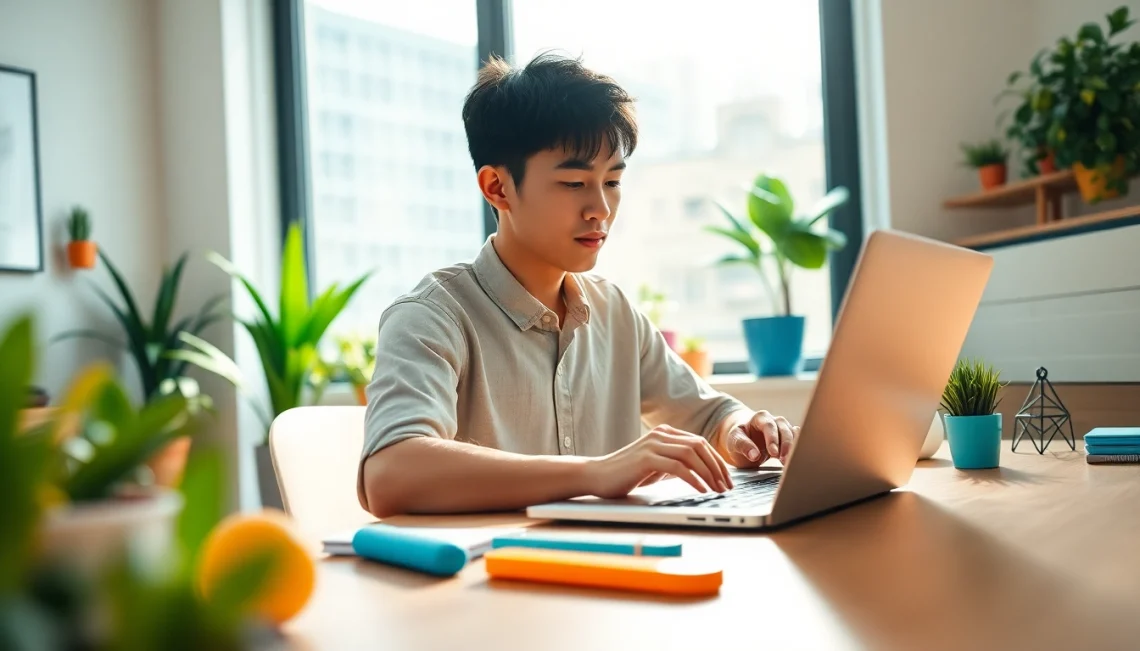 Professional using 搜狗输入法 on a laptop in a modern workspace, enhancing typing efficiency.