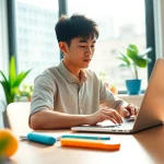 Professional using 搜狗输入法 on a laptop in a modern workspace, enhancing typing efficiency.