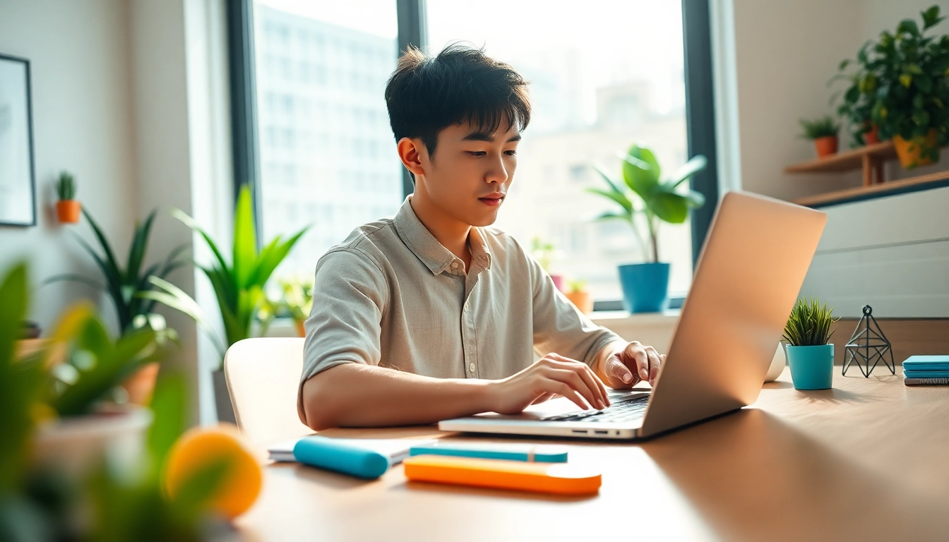 Professional using 搜狗输入法 on a laptop in a modern workspace, enhancing typing efficiency.