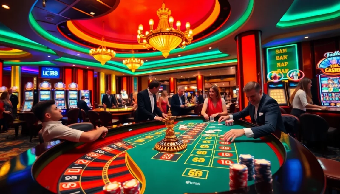 Experience thrilling gameplay at LC 88’s vibrant casino tables with poker chips and cards.