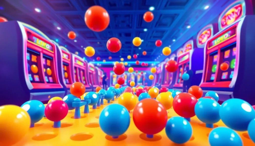 Permainan slot plinko yang menggembirakan dengan bola berjatuhan di latar kasino.