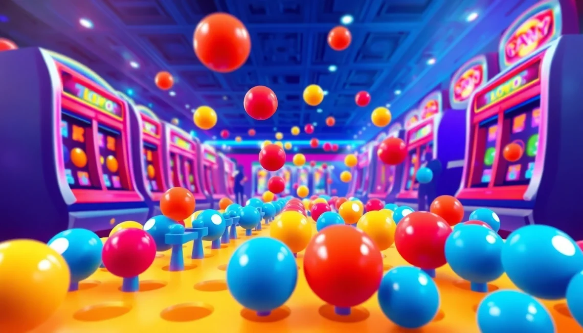 Permainan slot plinko yang menggembirakan dengan bola berjatuhan di latar kasino.