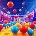 Permainan slot plinko yang menggembirakan dengan bola berjatuhan di latar kasino.