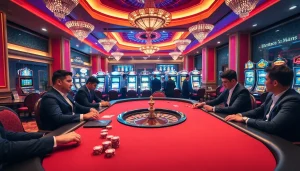 Gameplay at https://kkwin.diy/, showcasing excitement at a luxurious poker table in an upscale casino.