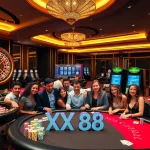 Players enjoying games at XX 88, a vibrant casino atmosphere with roulette and poker tables.