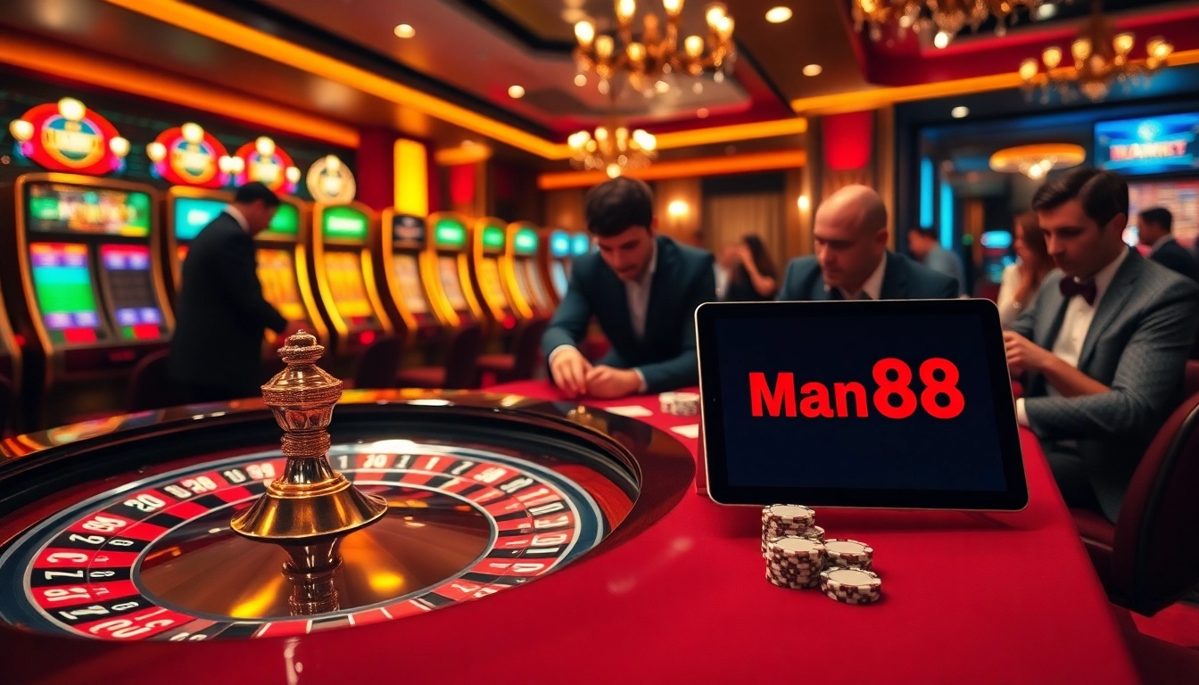 Experience the thrill of online gambling with Man88 at a luxurious casino featuring roulette and poker tables.