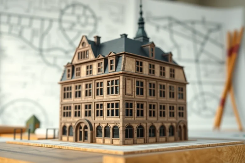 Architekturmodellbau Freiburg: Detailreiches Modell eines Gebäudes in kreativer Studioatmosphäre.