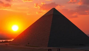 View of the Great Pyramid of Giza from https://piraminds.com/ illustrated at sunset with tourists.