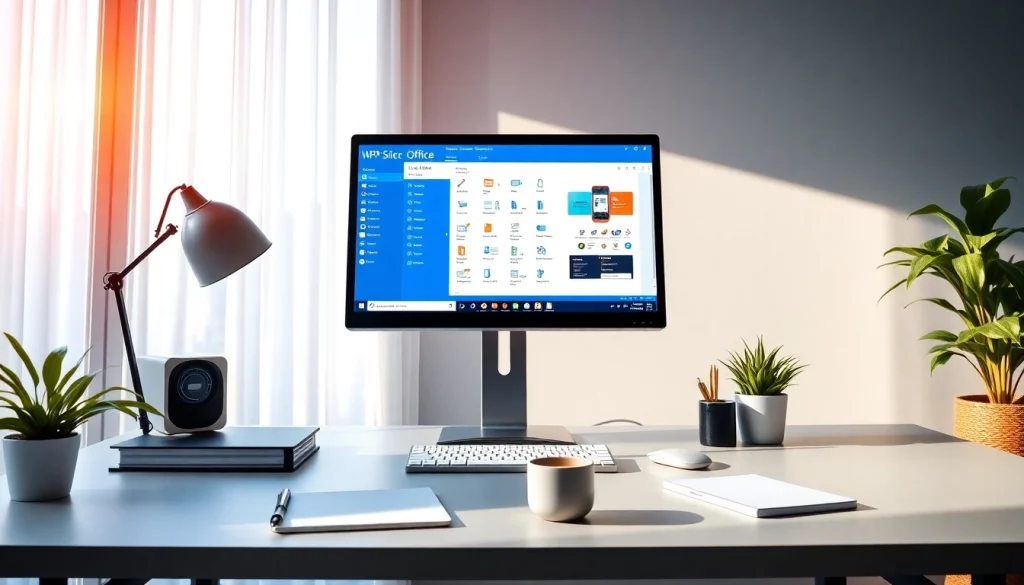 在现代、舒适的工作区中的电脑屏幕上显示的 WPS Office。