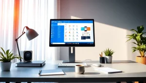 在现代、舒适的工作区中的电脑屏幕上显示的 WPS Office。