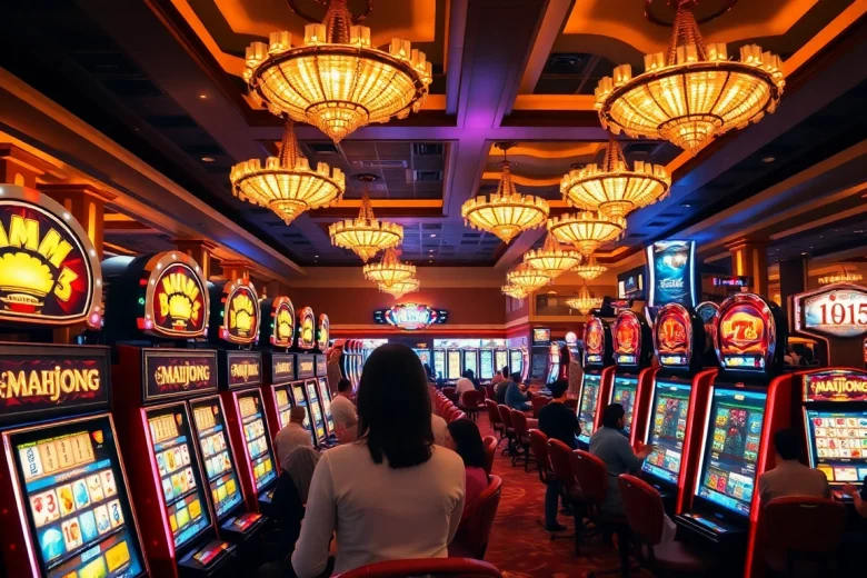 Engage with a mahjong slot demo while enjoying the vibrant ambiance of a bustling casino gaming floor.