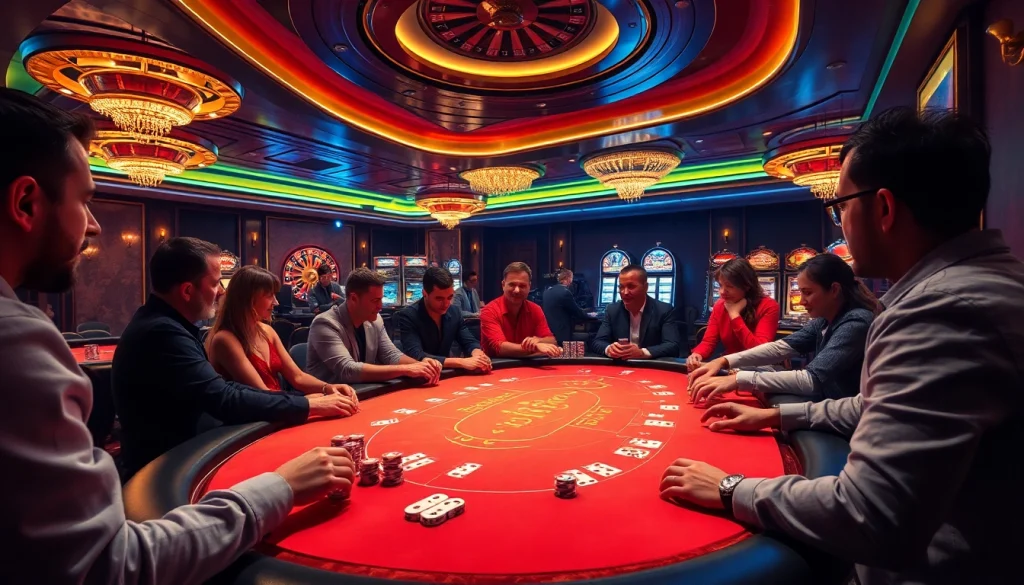 Players immersing in intense poker at the luxurious casino poker table k9k9 with vibrant atmosphere.