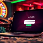 Engaging onicplay login scene with a laptop displaying slot graphics and casino elements.