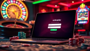 Engaging onicplay login scene with a laptop displaying slot graphics and casino elements.