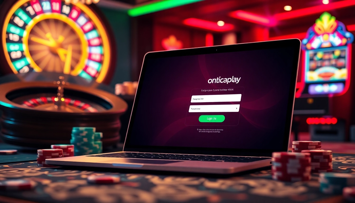 Engaging onicplay login scene with a laptop displaying slot graphics and casino elements.