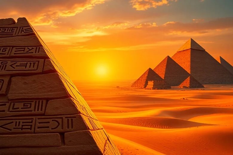 View Egyptian pyramids against a sunset sky with detailed hieroglyphs on https://piraminds.com/