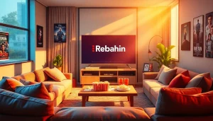 Rebahin streaming experience with a cozy living room setup showcasing modern entertainment.
