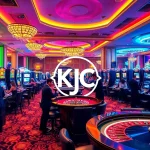 KJC casino scene showcasing luxury gaming tables and vibrant gamblers strategizing their next win.
