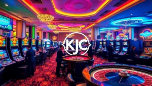 KJC casino scene showcasing luxury gaming tables and vibrant gamblers strategizing their next win.