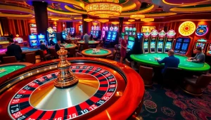 Players enjoying thrilling games at a luxurious casino featuring xx88, roulette, and poker tables.