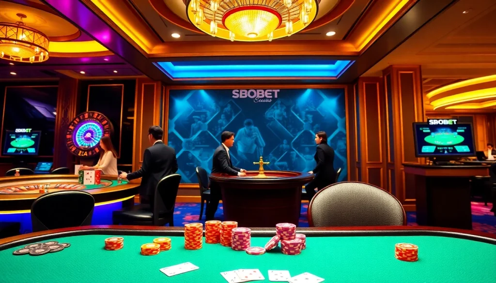 SBOBET users enjoying intense betting action at a luxurious casino table, showcasing vibrant poker chips and cards.