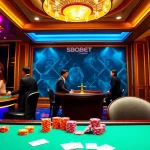 SBOBET users enjoying intense betting action at a luxurious casino table, showcasing vibrant poker chips and cards.
