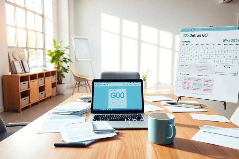 Modern office setting showcasing Detran GO IPVA 2026 tax management with organized documents and laptop.