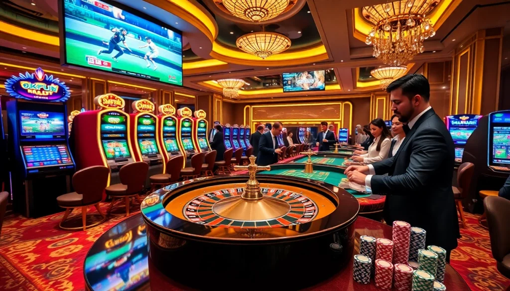 Experience thrilling games and winning strategies at OKFUN.COM in a luxurious casino atmosphere.