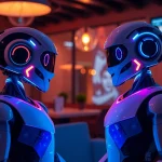 Engaging scene of two humanoid robots in a modern lounge engaging in nsfw ai chat.