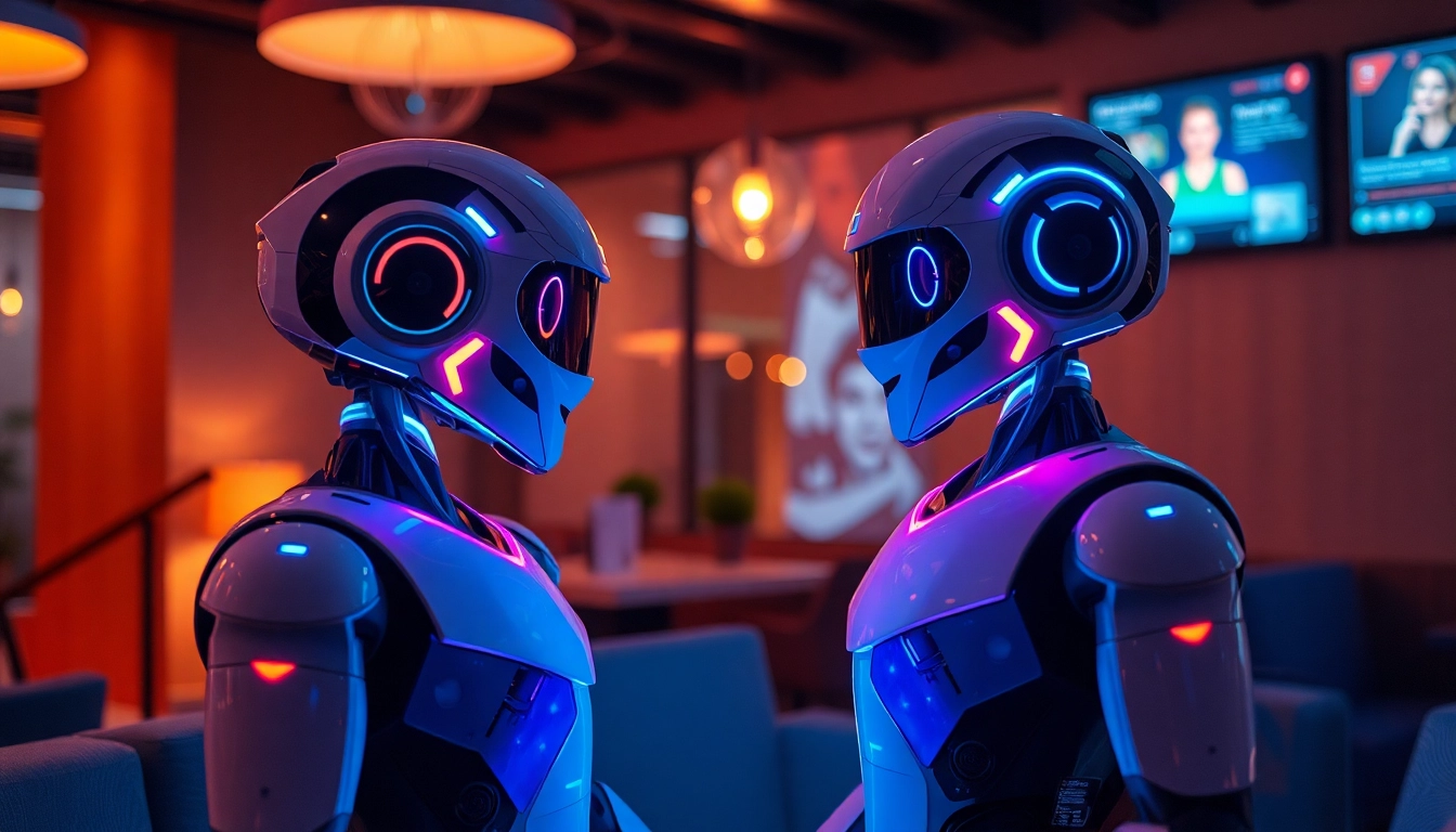 Engaging scene of two humanoid robots in a modern lounge engaging in nsfw ai chat.