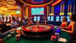 Exciting gambling scene featuring Bet88 roulette table, poker chips, and vibrant slot machines.