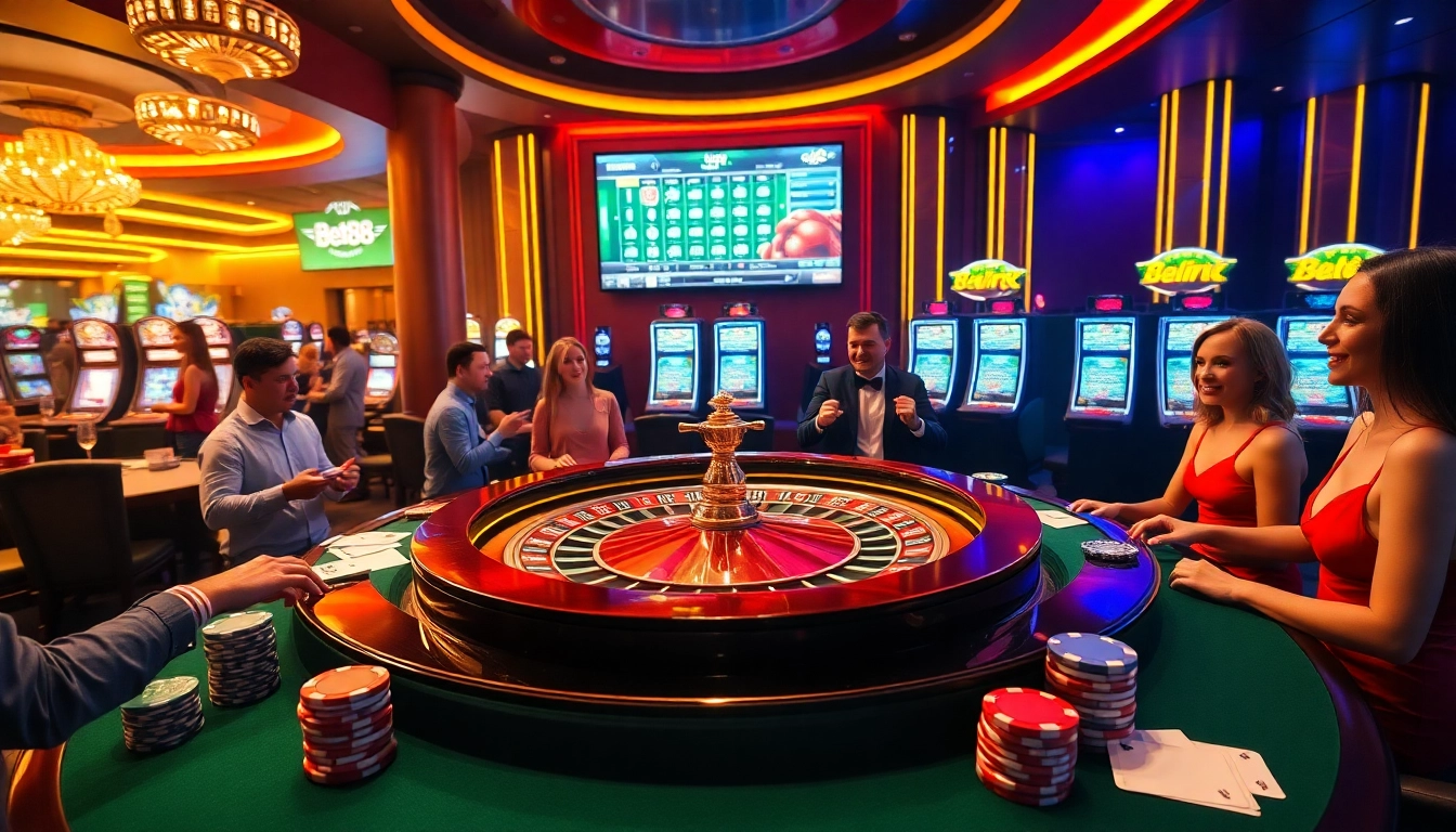 Exciting gambling scene featuring Bet88 roulette table, poker chips, and vibrant slot machines.