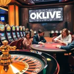 OKLIVE showcases an upscale casino scene with gamblers at poker tables and vibrant slot machines.