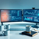 Cybersecurity expert analyzing infosec data on dual monitors in a modern workspace