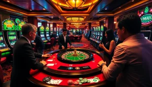 Players enjoying a VMAX casino experience with roulette and poker chips.