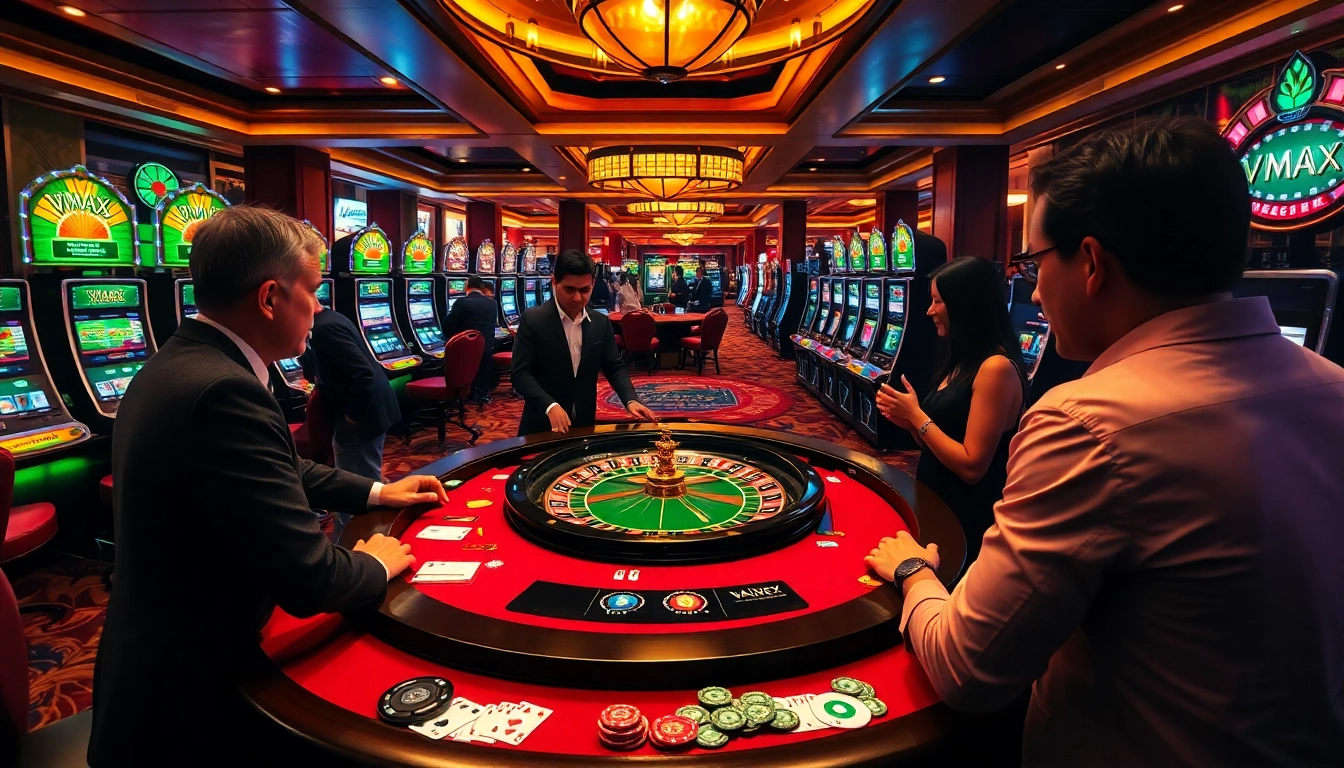 Players enjoying a VMAX casino experience with roulette and poker chips.