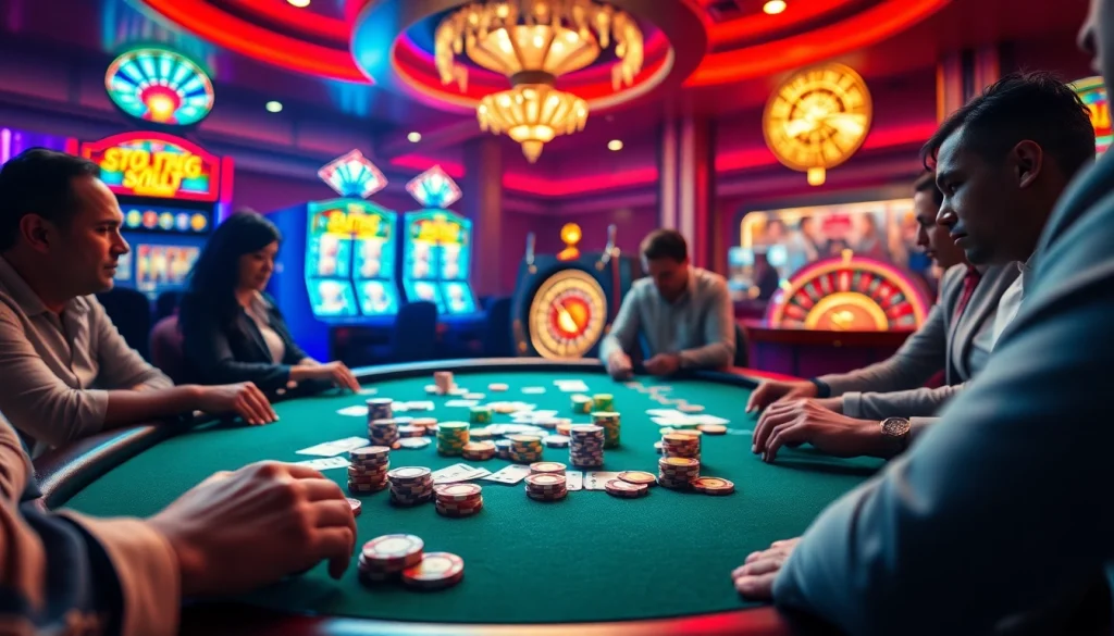 Rikvip gambling scene with poker chips and vibrant casino tables illuminated by neon lights.