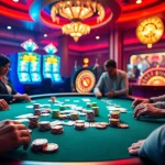 Rikvip gambling scene with poker chips and vibrant casino tables illuminated by neon lights.
