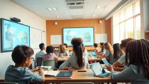 Empowering education scene showcasing a diverse classroom with modern learning tools.