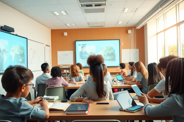 Empowering education scene showcasing a diverse classroom with modern learning tools.