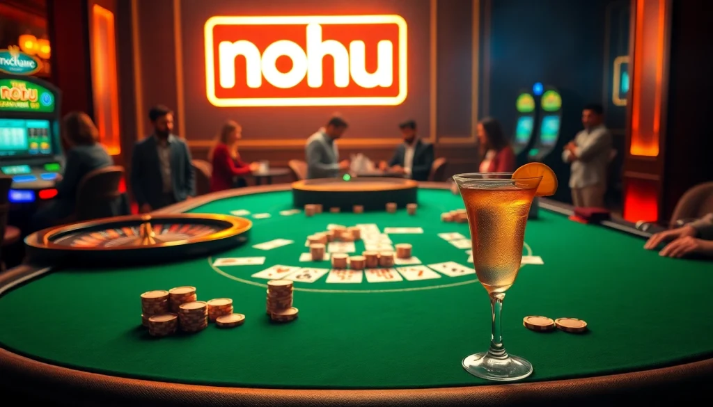 Engage with the vibrant world of nohu. com, featuring a high-stakes poker table and an elegant casino setting.