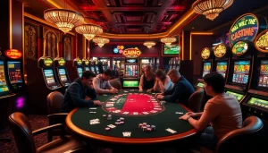 Experience the excitement of onicplay with a thrilling casino scene featuring poker tables and slot machines.