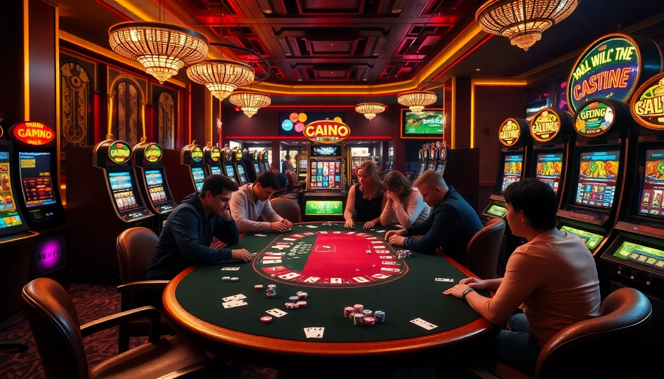 Experience the excitement of onicplay with a thrilling casino scene featuring poker tables and slot machines.