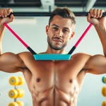 Dynamic workout using a pull-up assist band in a bright gym, showcasing strength and determination.