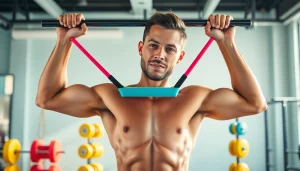 Dynamic workout using a pull-up assist band in a bright gym, showcasing strength and determination.