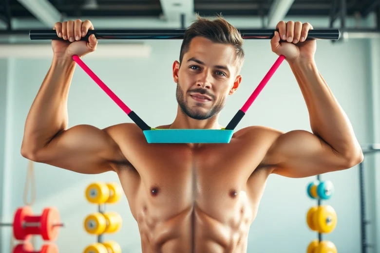 Dynamic workout using a pull-up assist band in a bright gym, showcasing strength and determination.