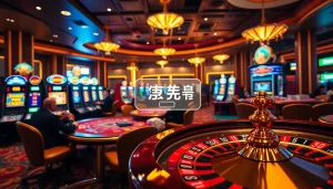 Engaging scene of a casino with players logging in to online gambling experiences at various tables.