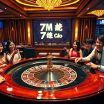A vibrant casino scene featuring a roulette table with players, showcasing 7m ma cao excitement and digital betting slips.