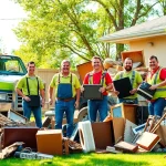 Efficient junk removal services by CKM Experts, showcasing a team clearing unwanted items in a residential yard.